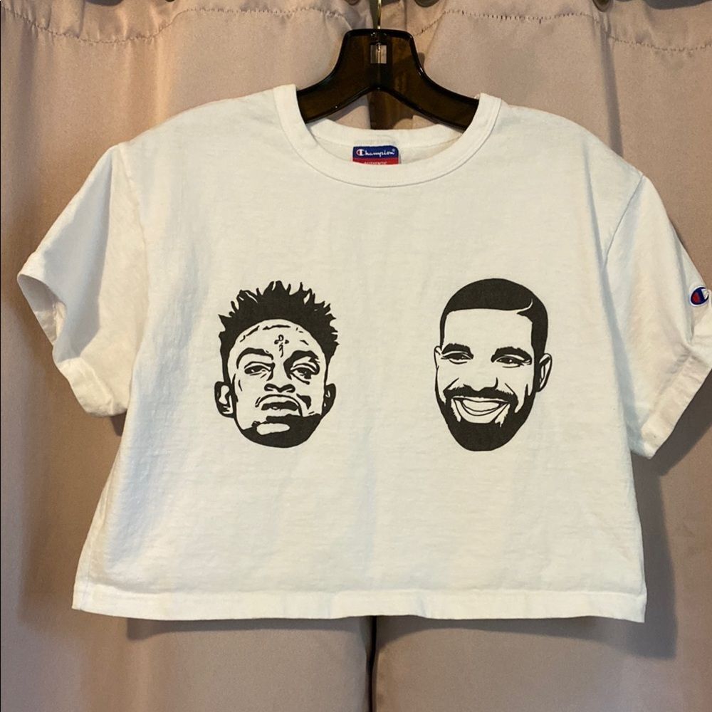 Champion White Graphic Crop Top- Drake & 21 Savage